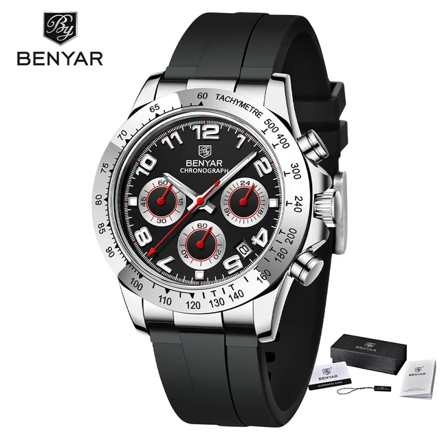 BENYAR 5192 New Luxury Men Quartz Wristwatches Top Brand Chronograph 30M Waterproof Sports Silicon Watch for Men reloj +BOX