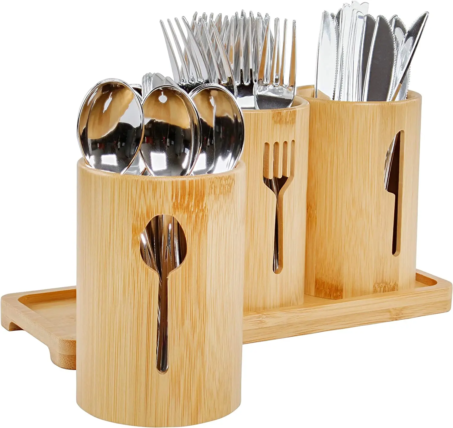 Standing Utensil Organizer Caddy - 3 Cup Bamboo Countertop Utensil Holder for Party Camping and Kitchen