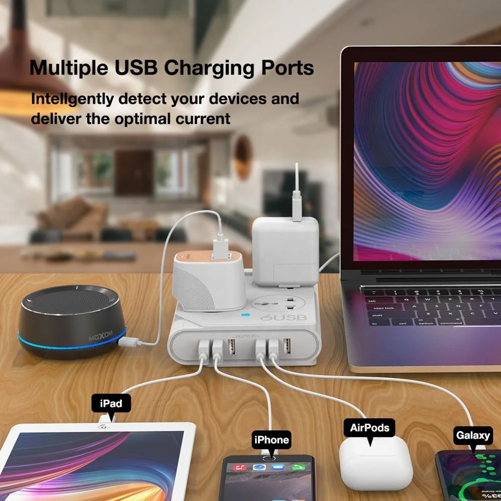 General Purpose Application 6 USB Ports 4 Way Extension Cord Socket With Switch 10A Power Strip With Fuse