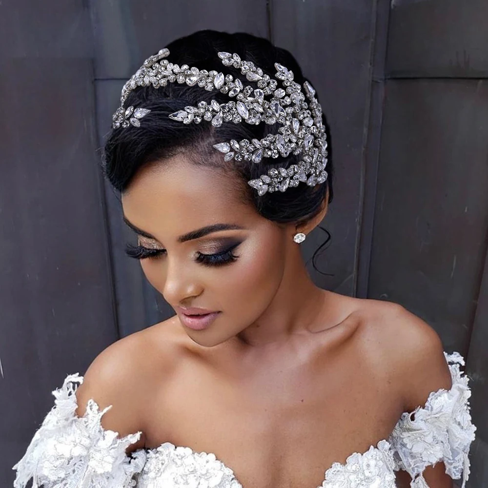 Luxurious Crystal Rhinestones Diamonds Pearls Branch Tiara Crown Wedding Party Hair Accessories Bridal Hair Jewelry