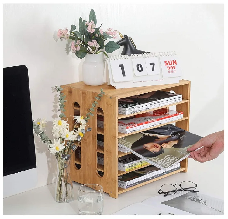 Бумажный Настольный сортировщик пилок с буквами из натурального бамбука, 5-уровневый органайзер для файлов со съемным верхним лотком