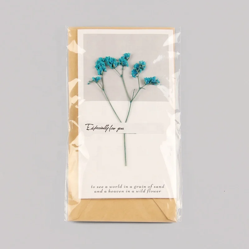 Twofolded Natural Babysbreath Dry Flower Valentine Birthday Wedding Greeting Card with Envelope