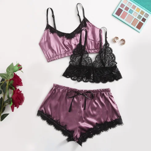 3 Piece Piyama China Nuit Lace Women Sexy Nighty Pajama Ladies Lingerie Sleepwear Silk Pajama Shorts Set