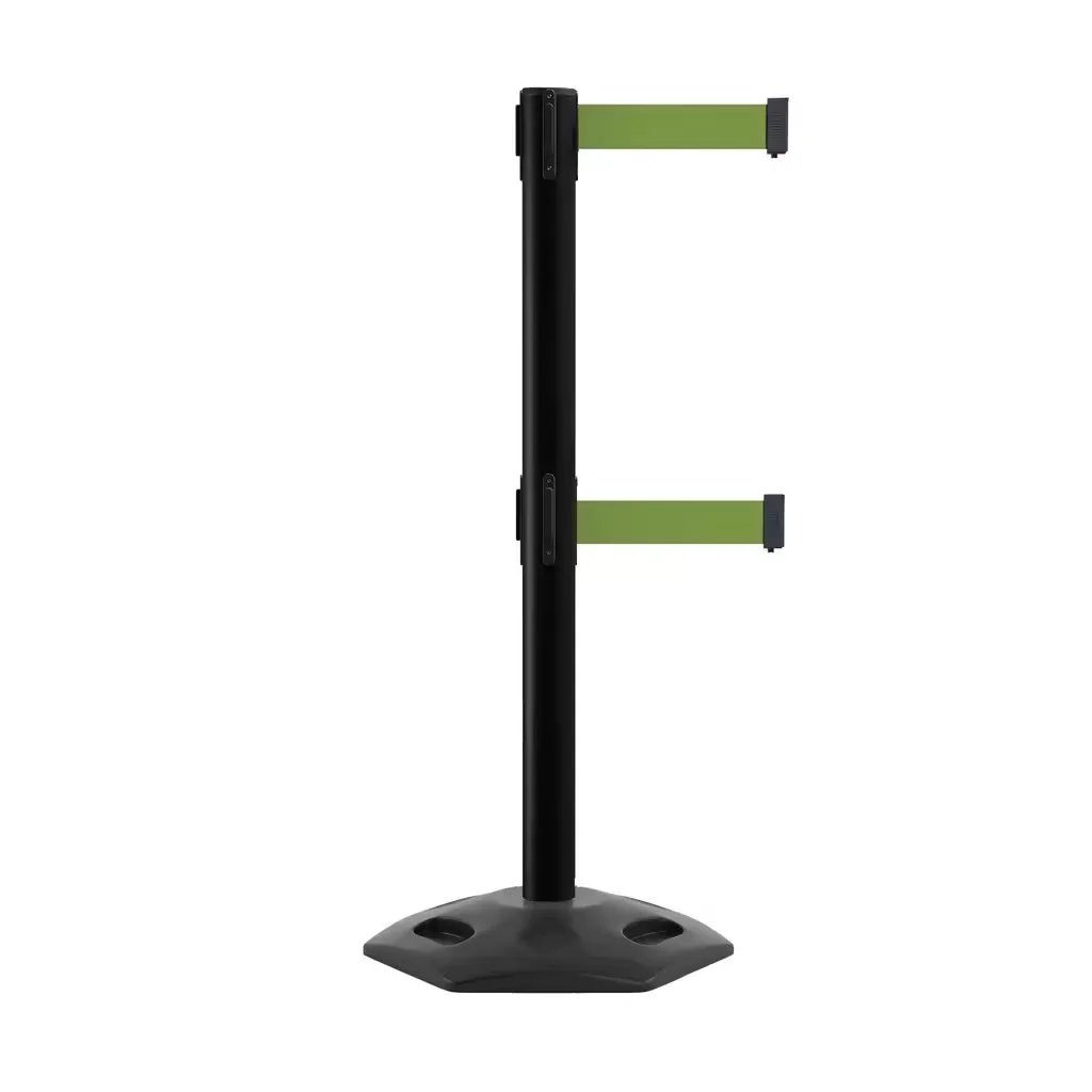 Retractable Dual Belt Barrier Stanchion Heavy Duty Rubber Base Black Post 9 Foot Belt Black Belt