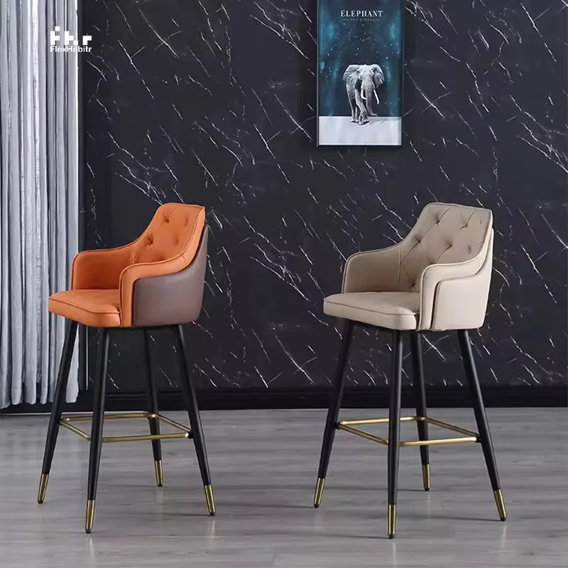 Modern bar chair with backrest Brushed Gold Metal Upholstered Leather Bar Stool reception for Hotel Restaurant Bar Stool