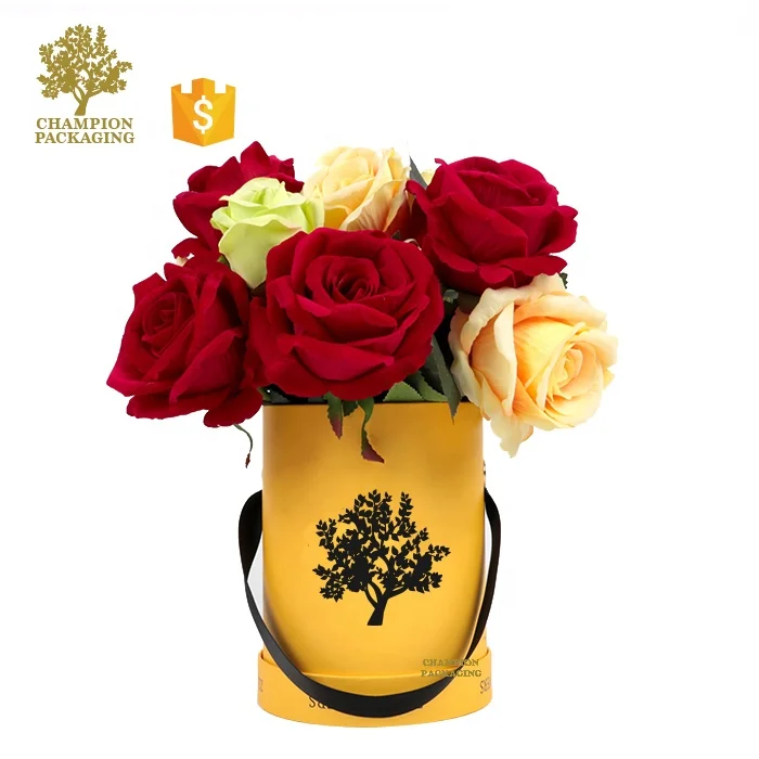 Luxury Rigid Cardboard Paper Gold Foil Logo Fancy Velvet Lined Round Preserved Rose Flower Box with Silk Ribbon Handle