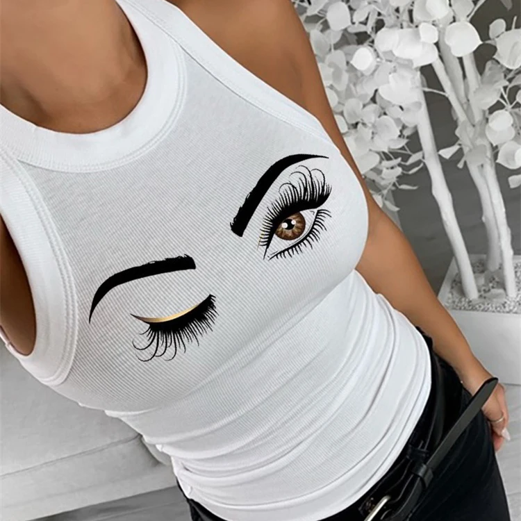 Custom Eyelash Print Womens Tank Top Summer Sleeveless Basic Cami Top Shirt Slim Racerback Tank Top