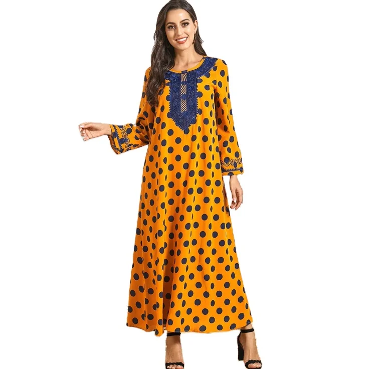 Hot sale floral print embroidery muslim dress long sleeve elegant kaftan