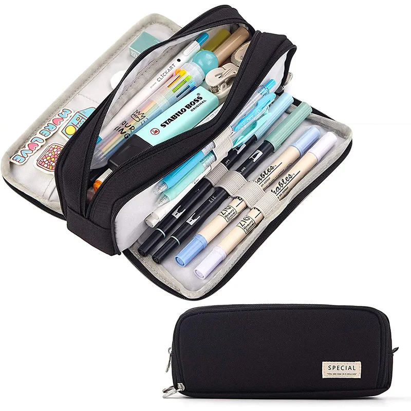 BEYOND Big Capacity pencil bag,3 Compartments zipper canvas storage pouch marker pen kids school pencil case for girls kids