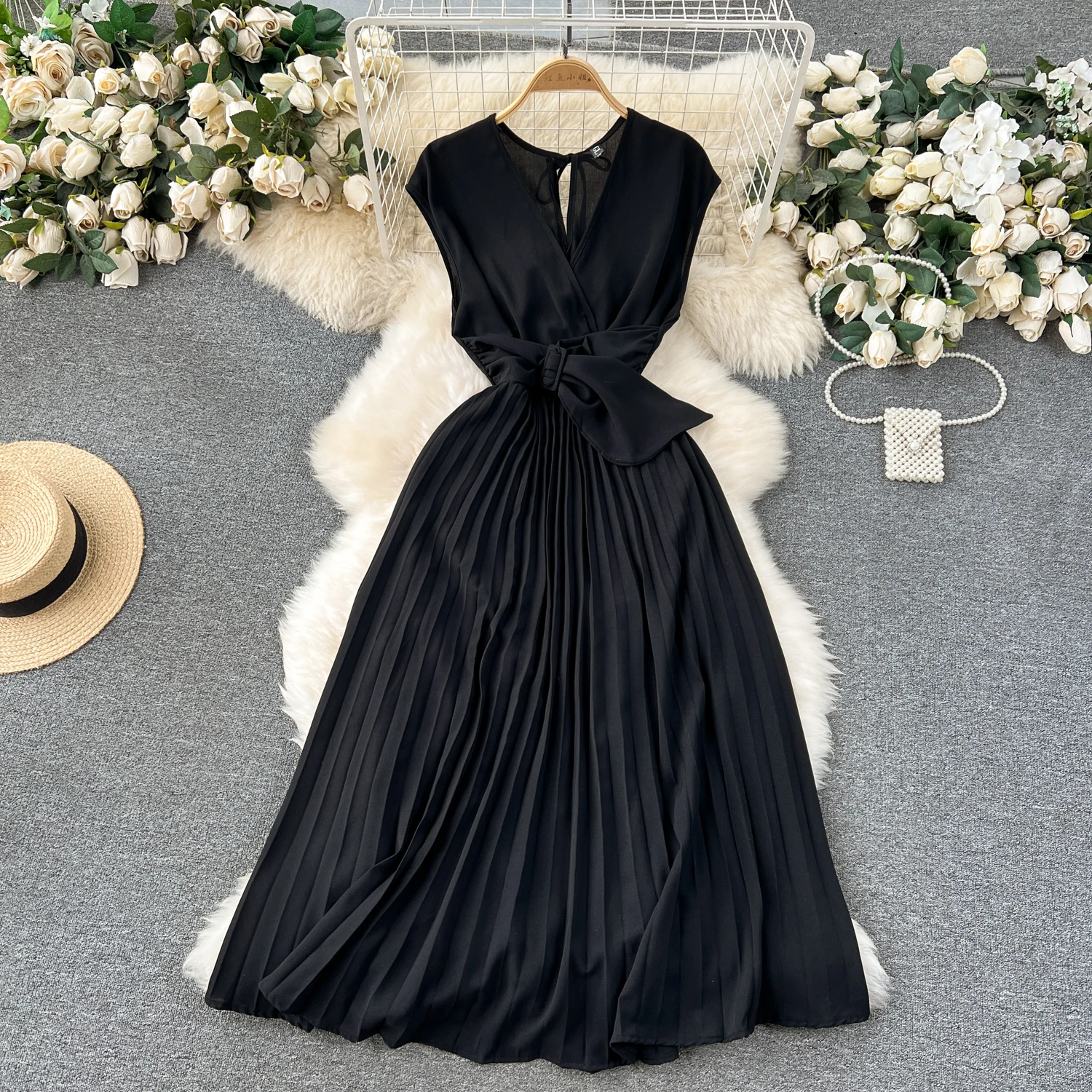 Summer Elegant V-Neck Tunic Slim Pleated Dress For Women Lace Dresses Ladies Elegant Dresses Clothes Women