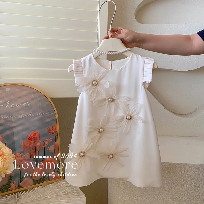 2024 New Fashion Toddler Girl Pearls Flowers Sleeveless Beige Dress 2-6 Years