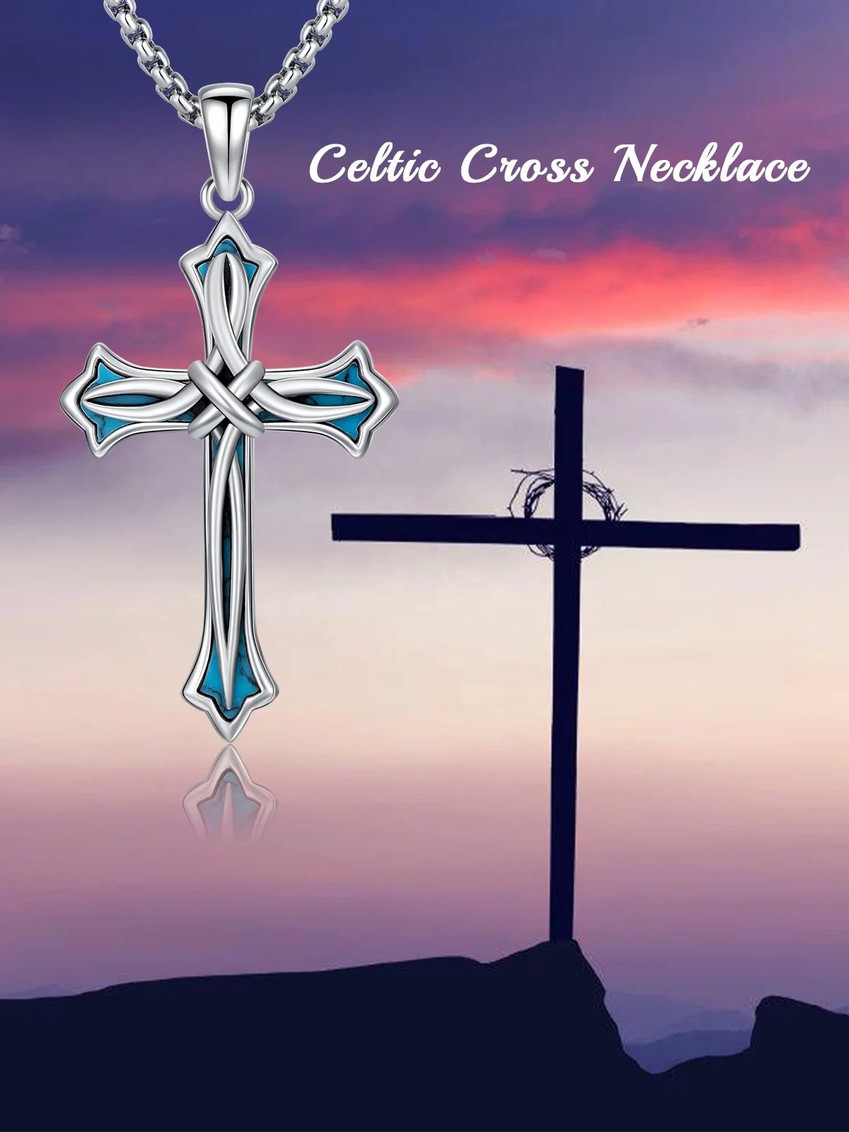 925 Sterling Silver Turquoise Celtic Cross Pendant with Stainless Steel Chain Jewelry Gift