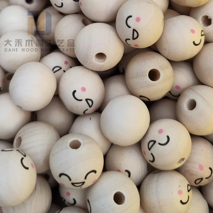 Printed 20mm Smiling Face Ball Wooden Beads Custom Smile Wood Beads with Smiley Face for DIY Bracelet Necklace Making