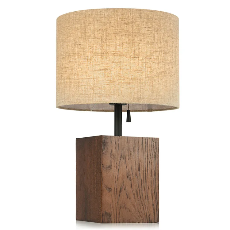 Home Decor Bedside Hotels And Restaurant Modern Wood Base Round Fabric Lampshade Table Lamp