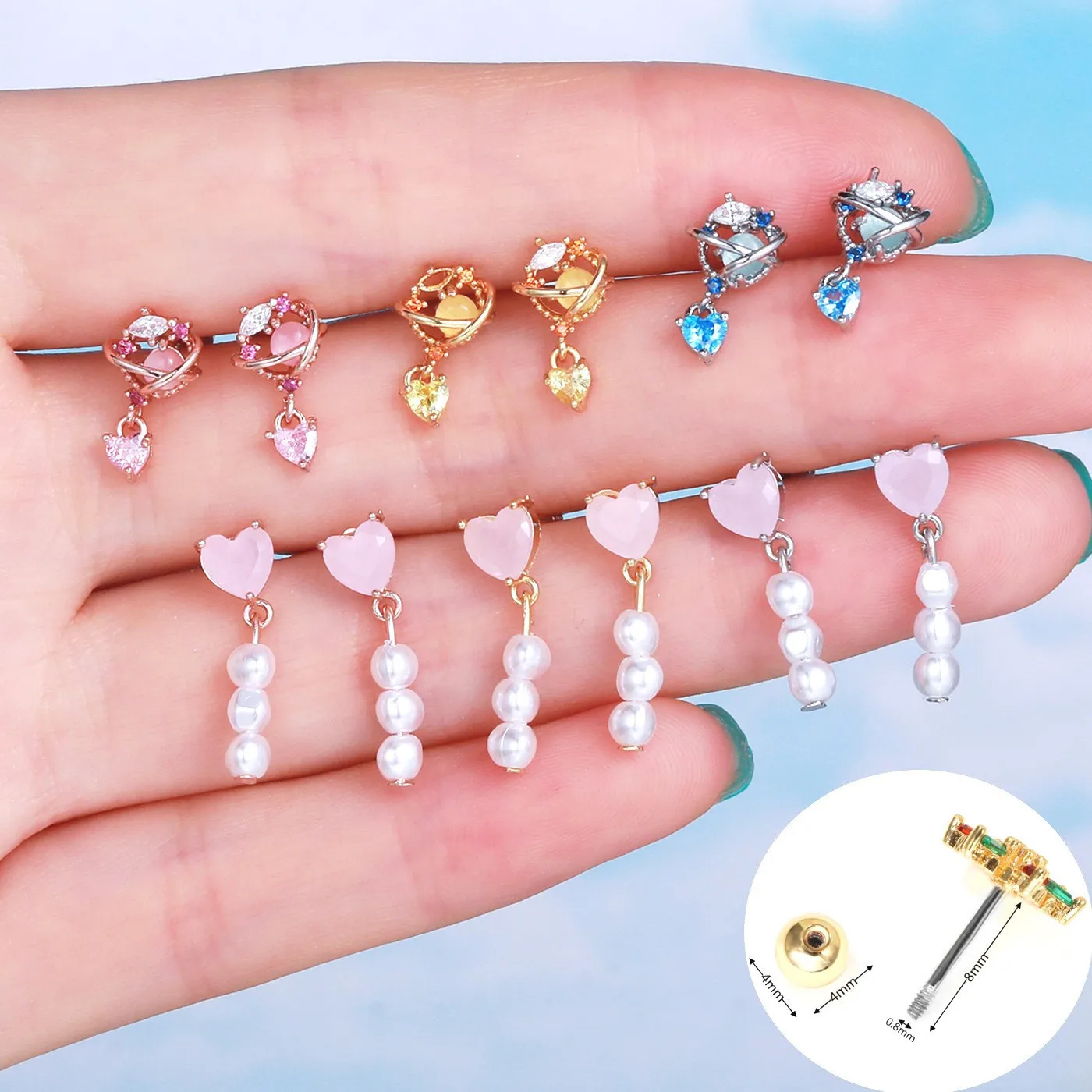 Korean designer love ear bone nail stainless steel women piercing jewelry screw ball fancy cute heart drop earrings for girls