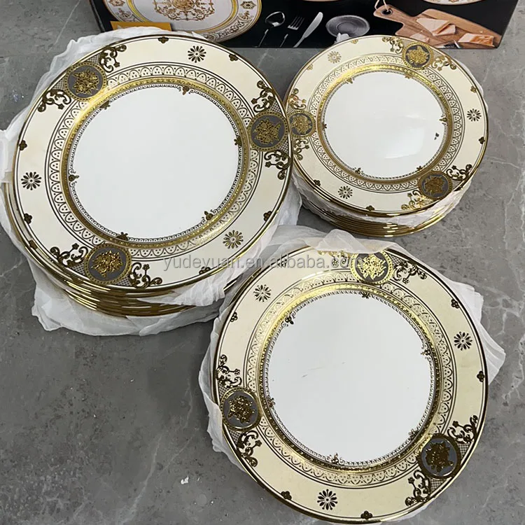 Morocco Electroplated Gold Custom Design Porcelain Ceramic 36pcs Bone China Dinner Sets Plates Sets Dinnerware for Wedding