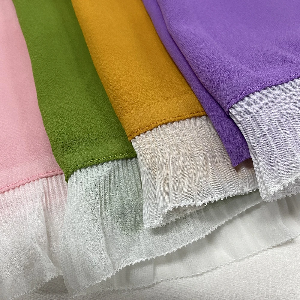 Stitched Pleated Eyelash Lace Hijab Bubble Chiffon Scarf Long Size White and Black Lace Elegant Islamic Shawls Headband Wrap