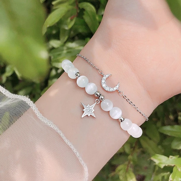 Romantic Opal Brass Glass Beads Double Layer Zircon Moon Star Bracelet