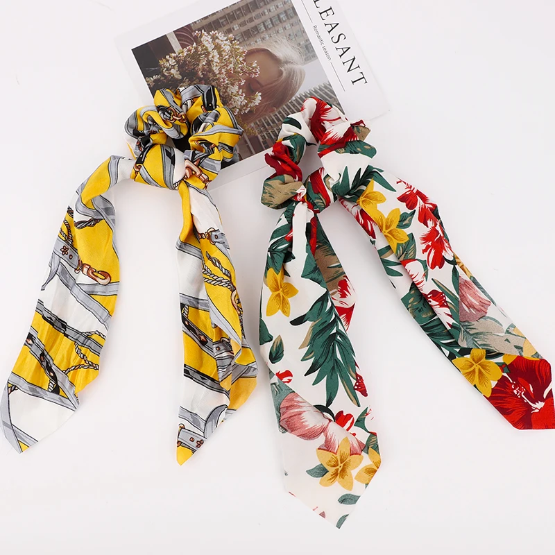 Wholesale Hair ribbon Hair Ties Long ponytail Printed Satin Scrunchies for hair Accessories