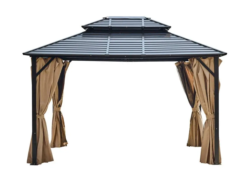 3X3.65X2.75M Double Topped Horizontal Lines Steel Sheet Gazebo Garden Aluminum Tube Pergola with Wood Frame and Metal Roof