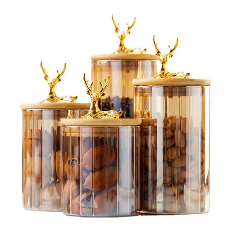 630ml/760ml/950ml/1100ml Kitchen Food Tea Coffee Bar Gold deer Glass Storage Jar With Gold Deer Airtight Bamboo Lid