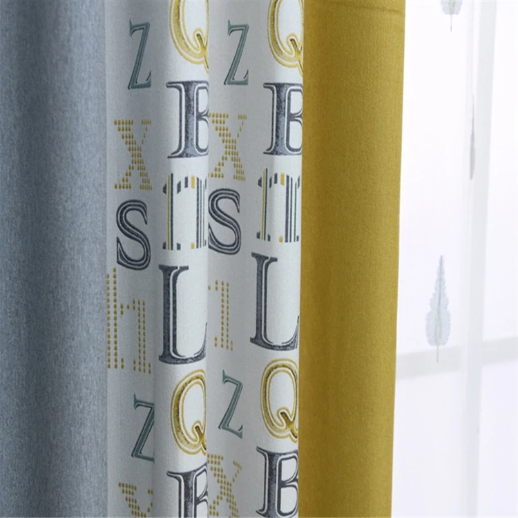 The Latest Design Gray Letters Embossed Jacquard Style Hotel Temperature Control Dust-Proof Grommet Polyester Blackout Curtain/