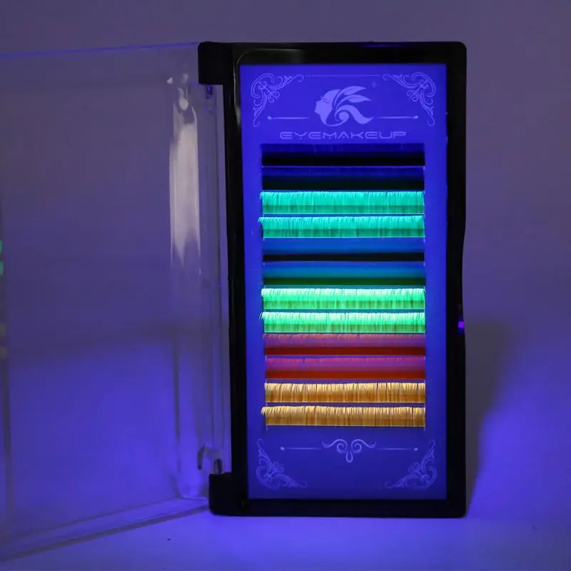 Mixed UV neon lashes glow in the dark Korea colored eyelash extension trays Vietnam best eyelash extension company packaging box