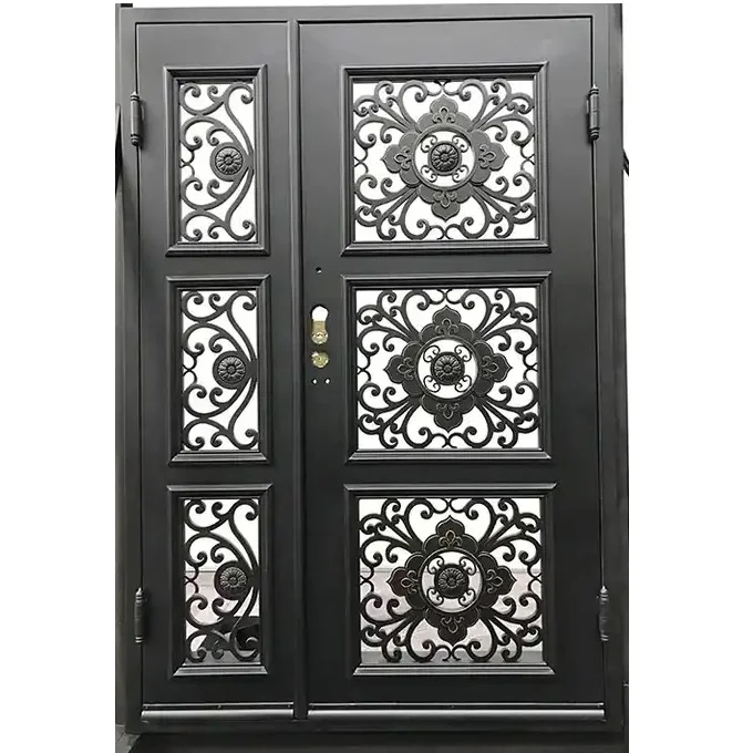 Customized Luxury Art Carving Black Heavy Duty Wrought Iron Patio Door