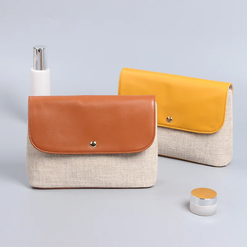 Natural Jute Makeup Bag PU Trim Flap Makeup Pouch Plain Toiletry Storage Bag Envelope Shape PU and Linen Cosmetic Bag