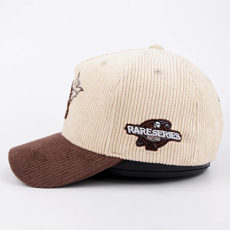 New design two tone corduroy snap back plastic closure 5 panel custom baseball cap with 3d embroidery logo
