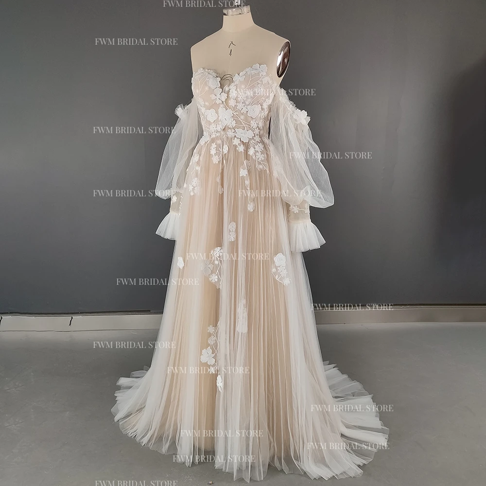 2220 # Boho пышные рукава аппликация кружева без бретелек свадебное платье большого размера женское свадебное платье обручальное вечернее платье