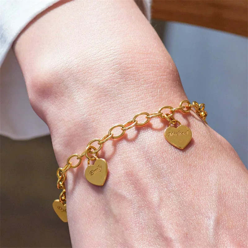 Wholesale Gold Plated Stainless Steel Bracelet Link Chain With Multiple Heart Engraved Letter Women Customized Bracelet
