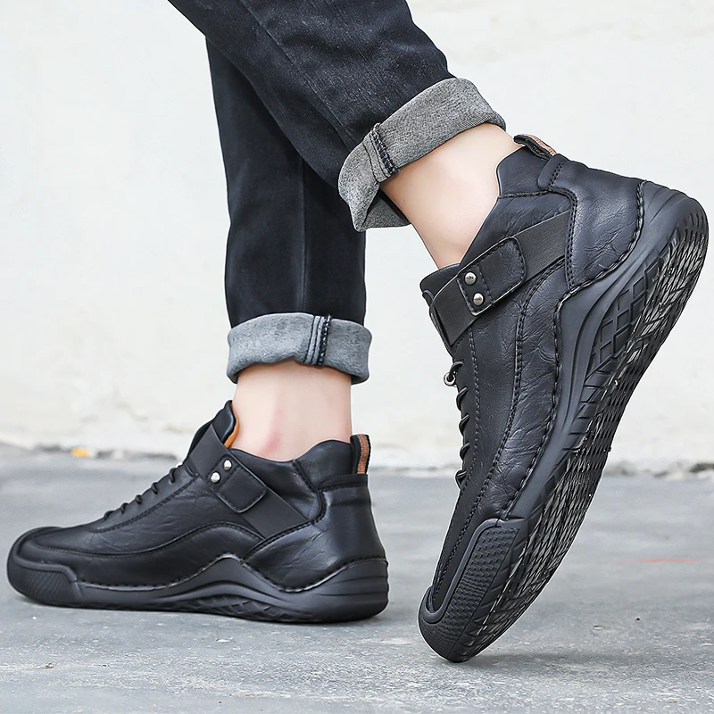 Factory Supply Custom LOGO Service Middle Top Anti-Slip Sole Men Fashion Casual Leather Boots