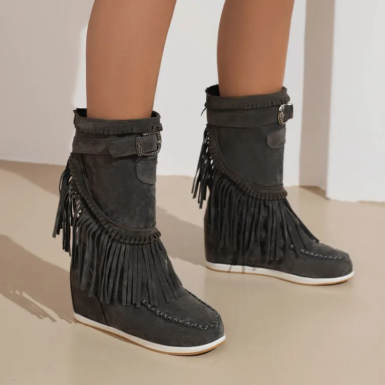 2023 hot sell wholesalers fashion tassels design fringe woman long boots zipper mid heel elegant knee high boots for ladies