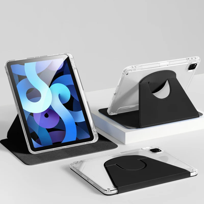 Transparent Acrylic Silicone  Leather case For iPad 10.2 7th 8th 9th Flip Tablet Case with Pen Slot Rotation Magnetic Kickstand