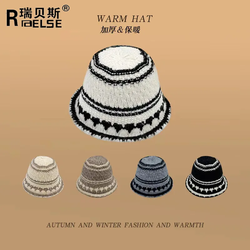 Осенне-зимняя трикотажная шляпа-ведро с блокировкой для женщин модная теплая и универсальная шерстяная шляпа рыбака
