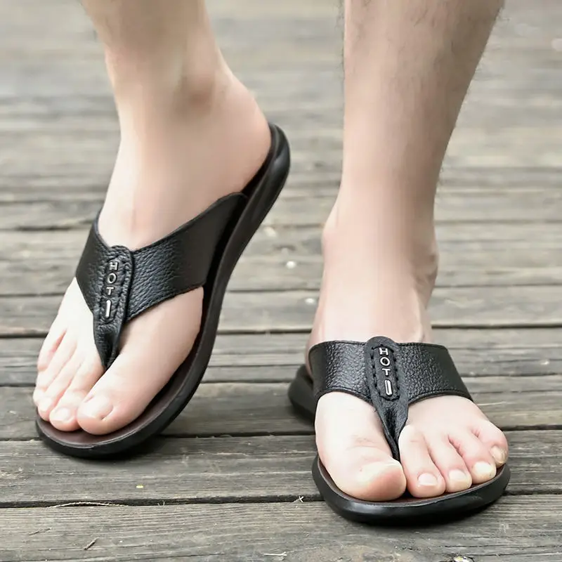 2024 Men Pu Leather Summer Slippers New Fashion Flip-Flops Sandals Beach Shoes Breathable Non-slip Casual Flat Slippers