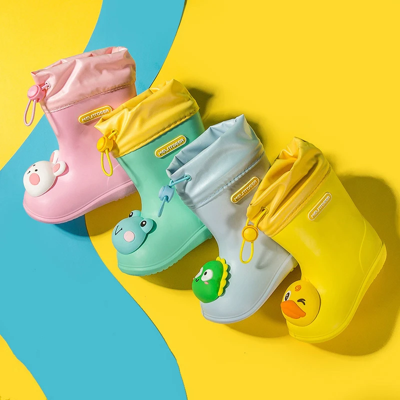 WXL476 Non Slip 3D Dinosaur Duck Rabbit Drawstring Rainboots Waterproof Cartoon PVC Rubber Children Rain Boots