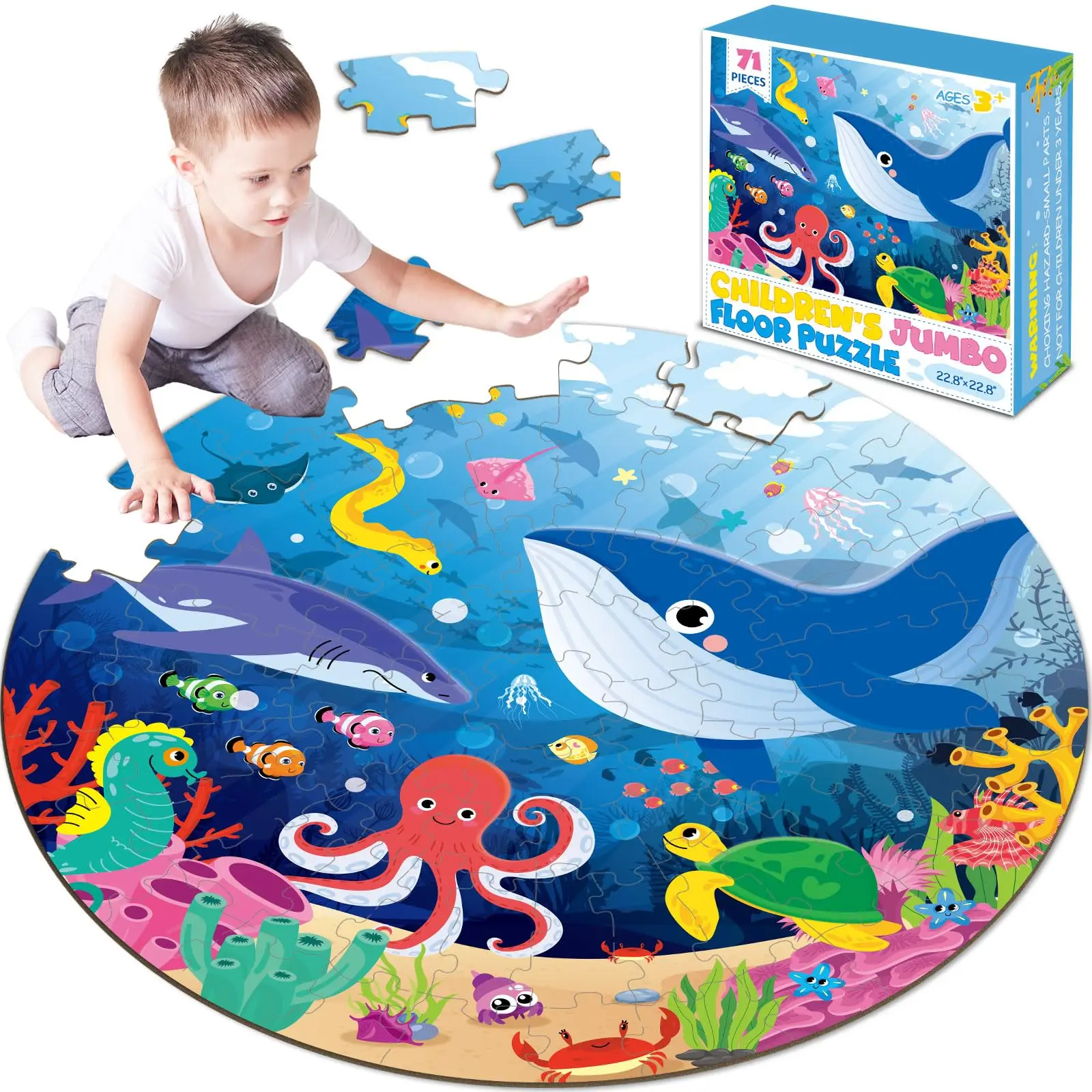 Ocean Theme Development Educational Toys Under The Sea Large Floor Round Jigsaw Puzzle 71Pcs for Toddler Children