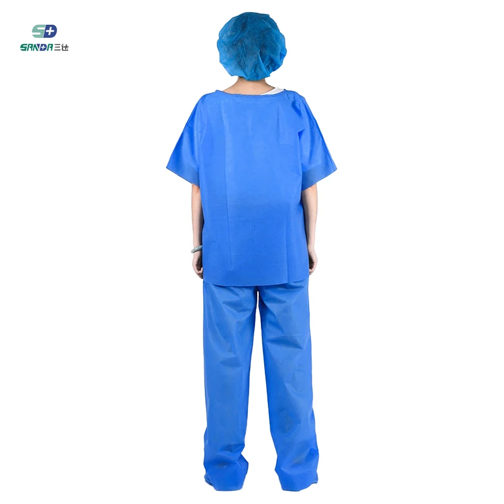 High quality blue waterproof breathable non woven v-neck women uniforms hospital surgical scrub suit nursing