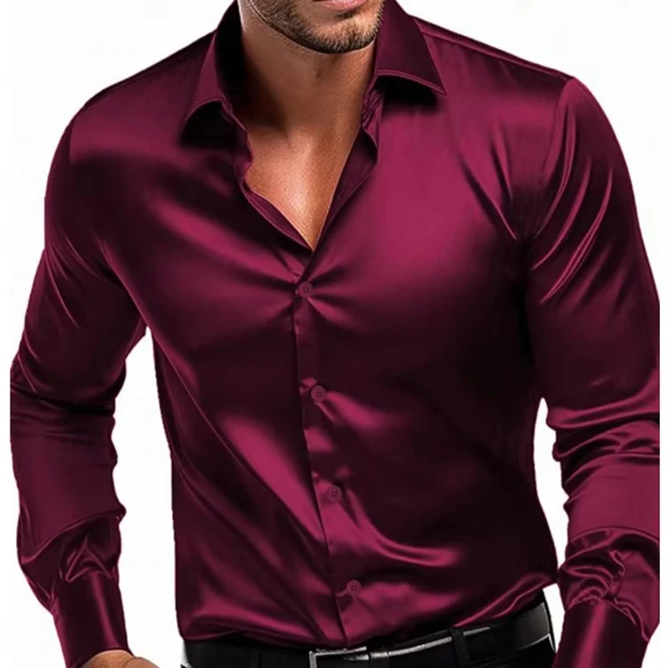 Luxury Plain Silk Mens Dress Shirts Long Sleeve Pure Purple Red Solid Suit Shirt Casual Formal for Wedding Business