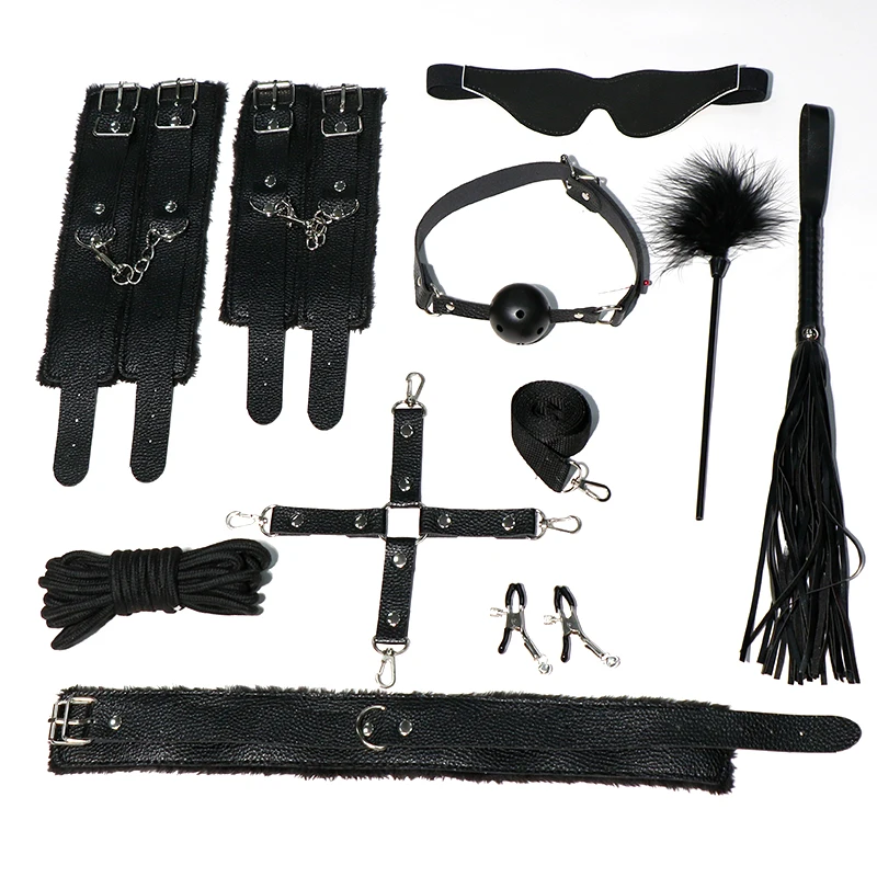 Cheapest BDSM Bondage Restraint Sex Toy 10 pcs Soft PU Metal Sex Body Bondage Set Exotic Sexy Toys