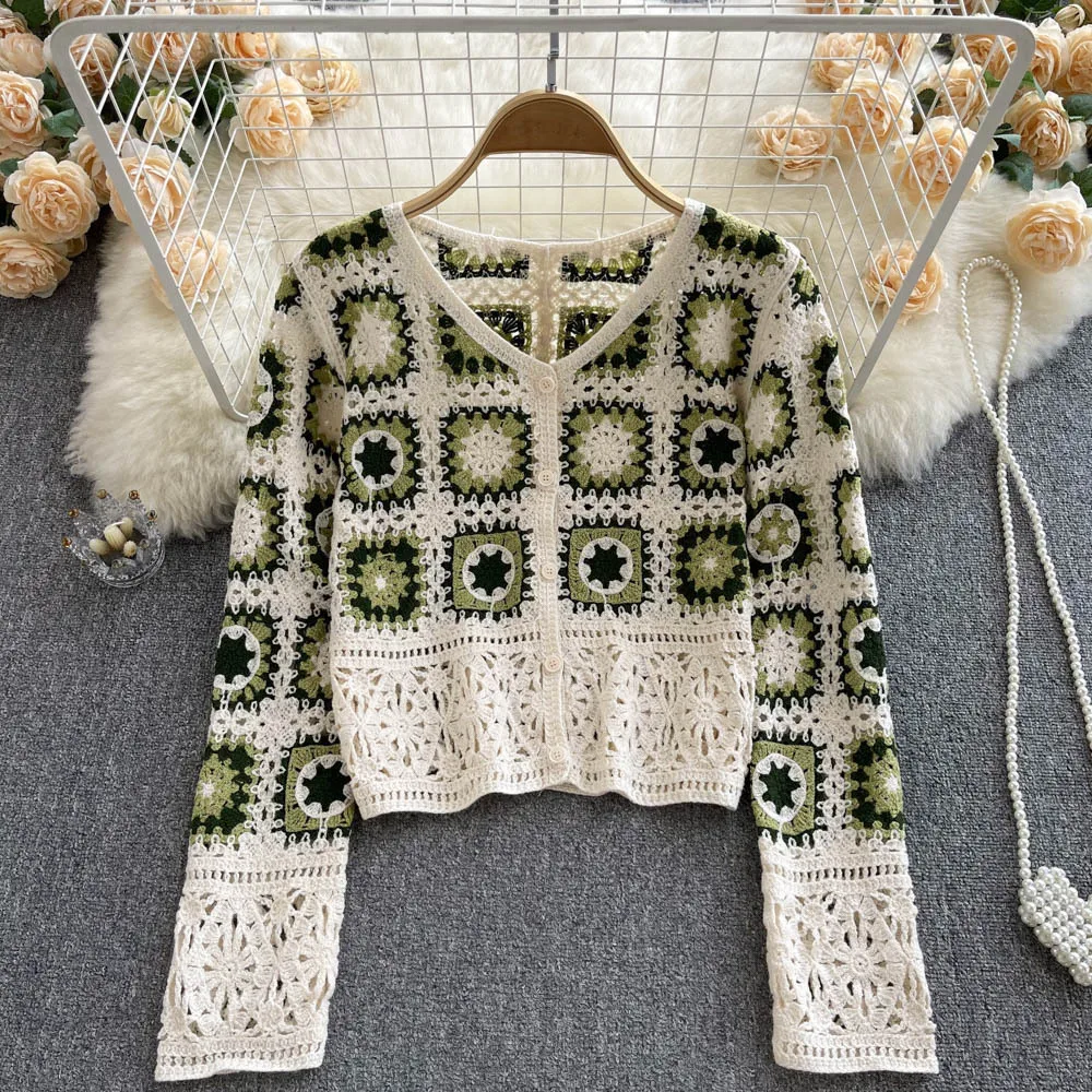 Women Vintage Crochet Square Cardigan Jumper Long Sleeve Button Down Floral Knitted Sweater Knitwear Cardigan