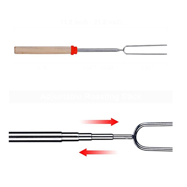 Amazon Hot Selling 8 Color Wood Handle  BBQ skewers Stainless Steel BBQ Stick Telescoping  Roasting Sticks