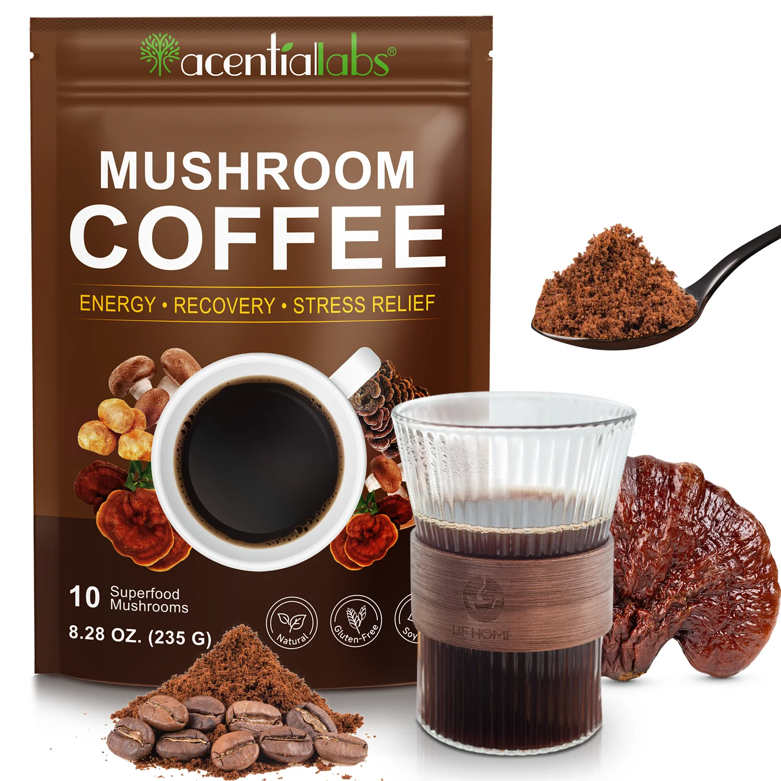 ACENTIALLABS Wholesale Natural Better Focus Energy Digestion Immune Support Organic Ground Coffee Everyday Dose Mushroom Coffee