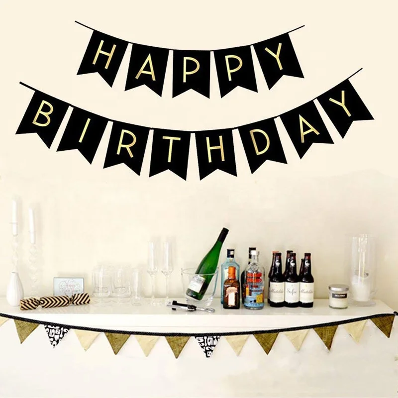 Black Happy Birthday Bunting Banner with Shiny Gold Letters Party Supplies