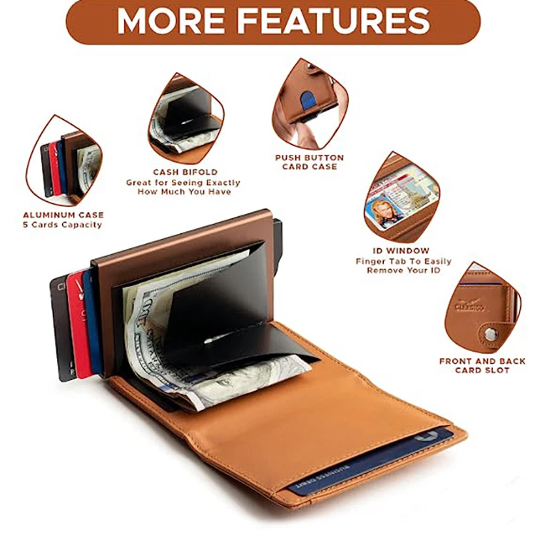 Custom Genuine Leather Pop up Wallet Vintage RFID Blocking Anti Theft Automatic Aluminum Credit Card