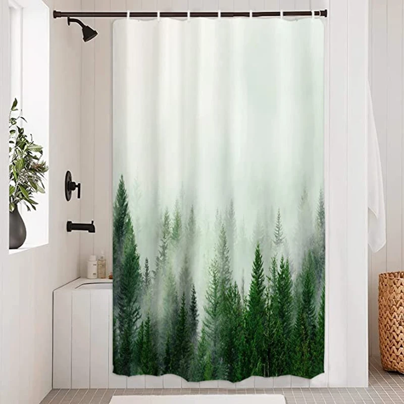 Fashional design misty forest logo waterproof polyester bathroom shower curtains with hooks