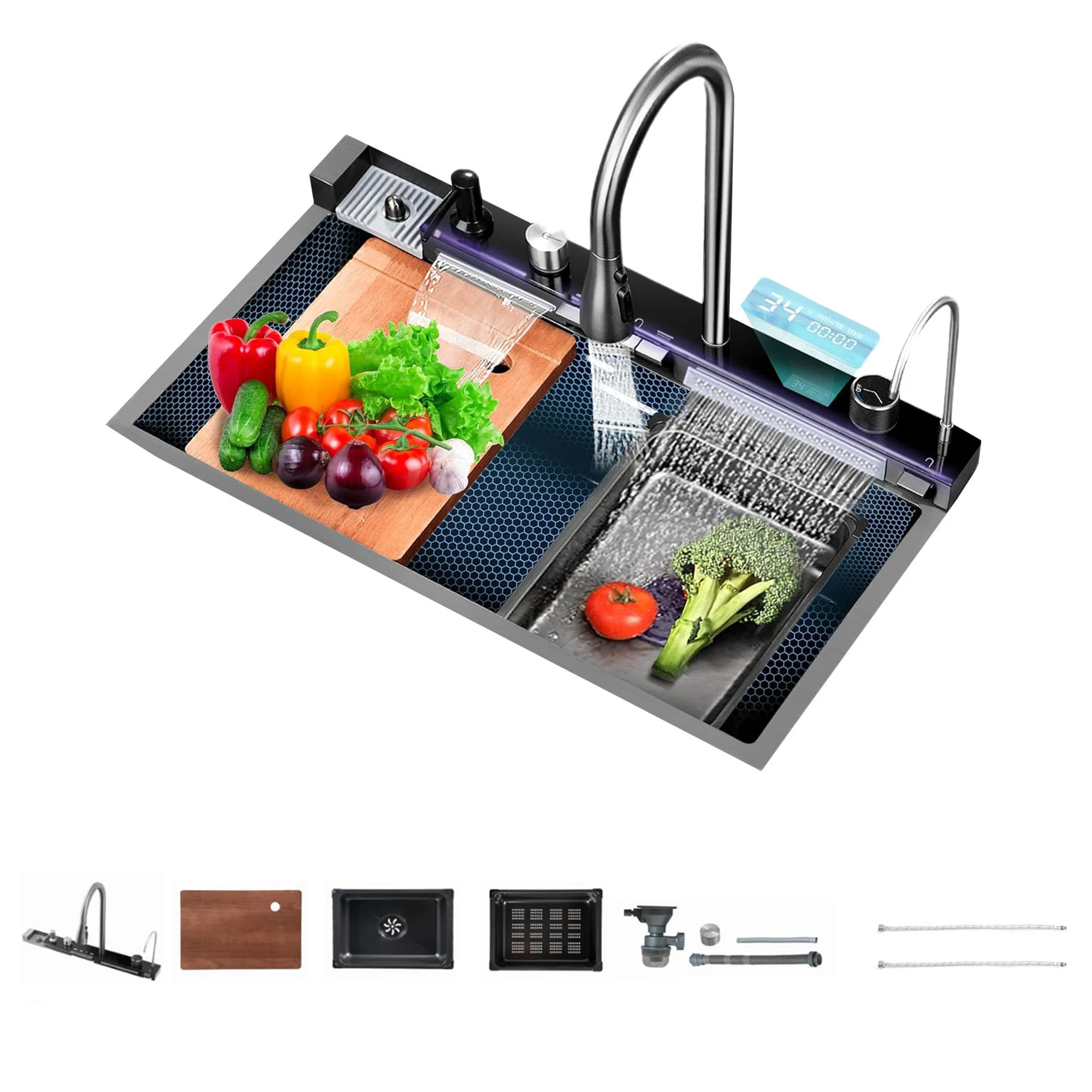 Waterfall Stainless Steel Sinks Big Single Bowl with Dish Rack Under Mount Sinks smart kitchen sinks