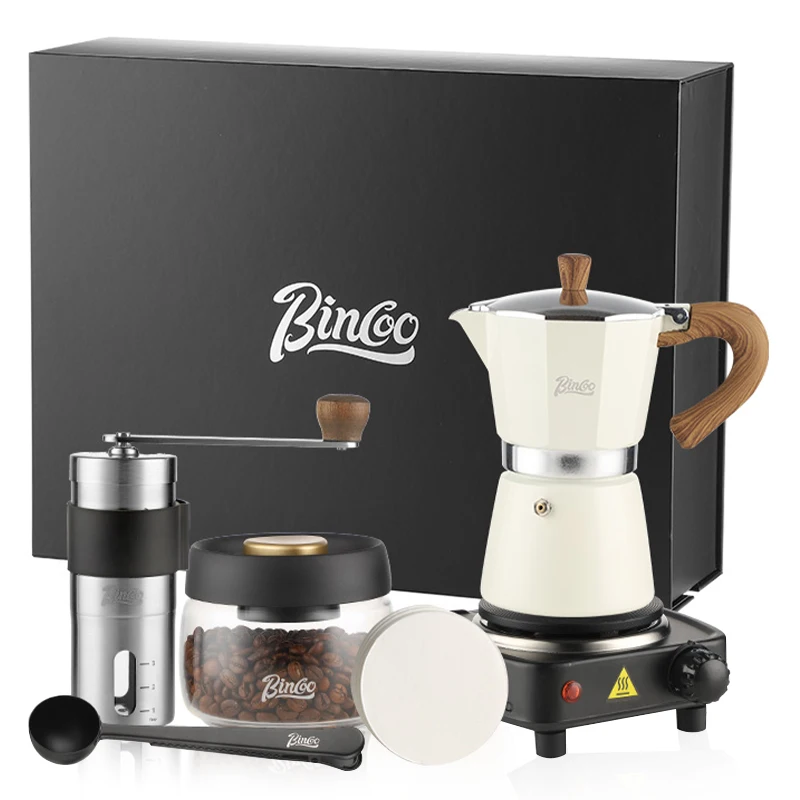 Bincoo 6-piece Stovetop Moka Pot Coffee Maker Set Includes Electric Stove, 300ml Moka Pot, Manual Grinder M1